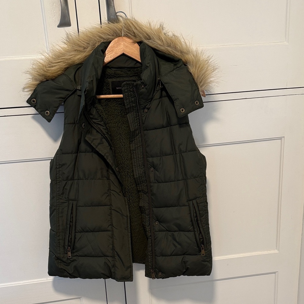 Banana Republic Olive Puffer Vest with Faux Fur Hood